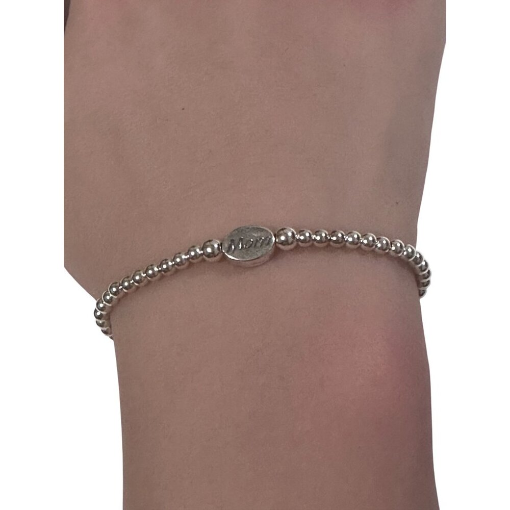 925 Sterling Silver Beaded Stretch Stacking Bracelet Minimalist Mom Charm - Picture 3 of 6